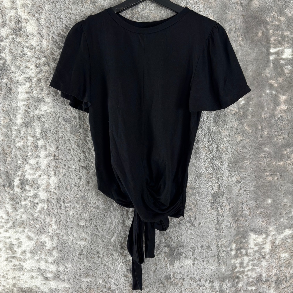 Paperoc Size S Tie Front Flutter Sleeve Casual Knit Top Black Short Sleeve Women